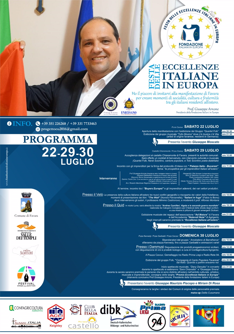 Favara. I prossimi 22, 29 e 30 luglio la festa e il premio delle ''Eccellenze Italiane in Europa''