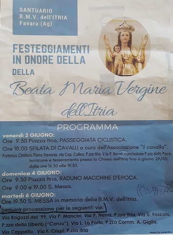 Festeggiamenti in occasione della Madonna dell'Itria di Favara. Il programma
