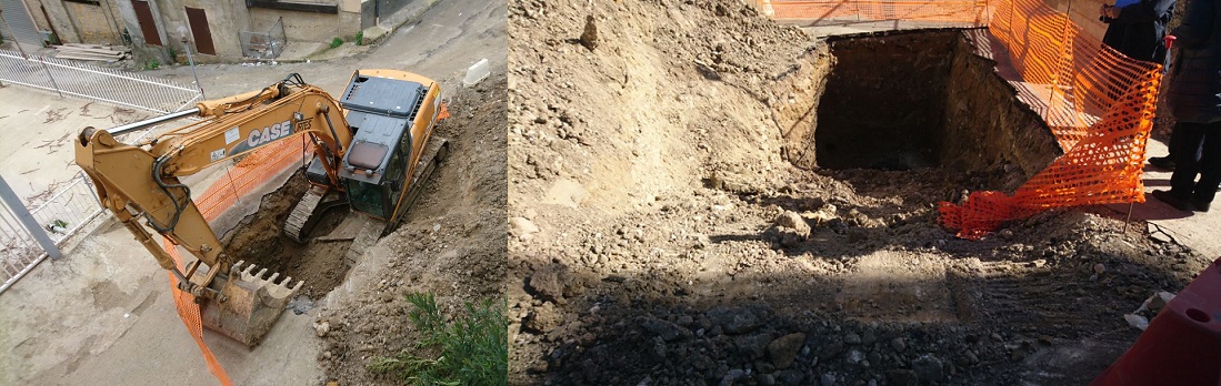 Una voragine in vicolo Delle Muse a Favara. Un escavatore, adesso rimosso, faceva da ''protezione''