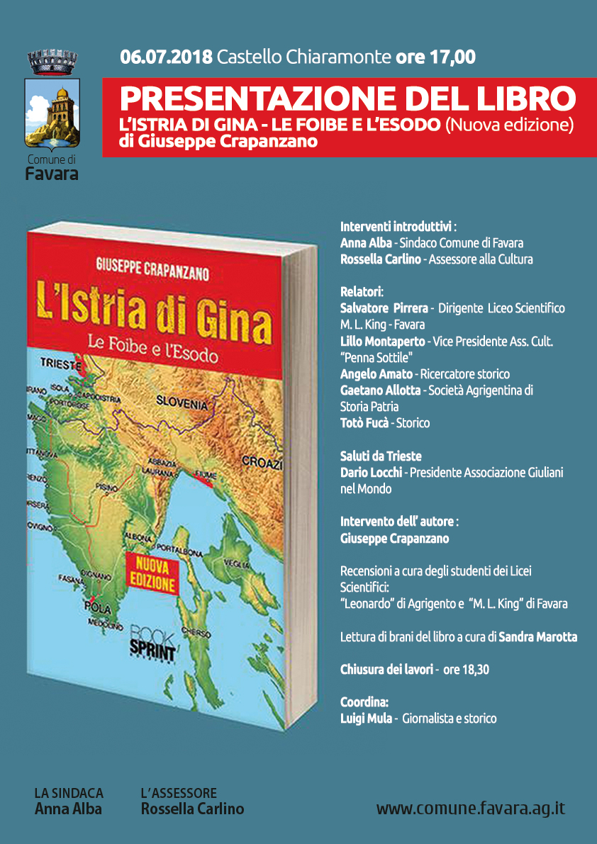 ''L'Istria di Gina''. Il prossimo 6 luglio la presentazione del libro di Giuseppe Crapanzano