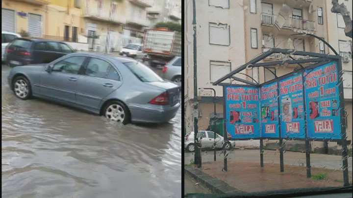 Favara. Un po' di pioggia allaga via Cap. Callea; in c.so Vittorio Veneto fermata degli autobus ''scoperchiata''