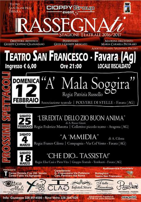 La commedia ''A MALASOGGIRA'' la prossima domenica al teatro S. Francesco di Favara
