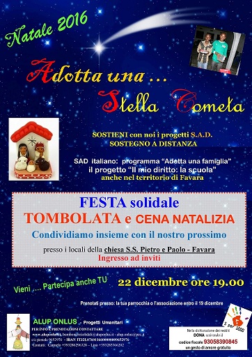 Stasera presso i locali della Chiesa Santi Apostoli Pietro e Paolo di Favara la festa solidale ''Adotta una stella cometa'' Natale 2016