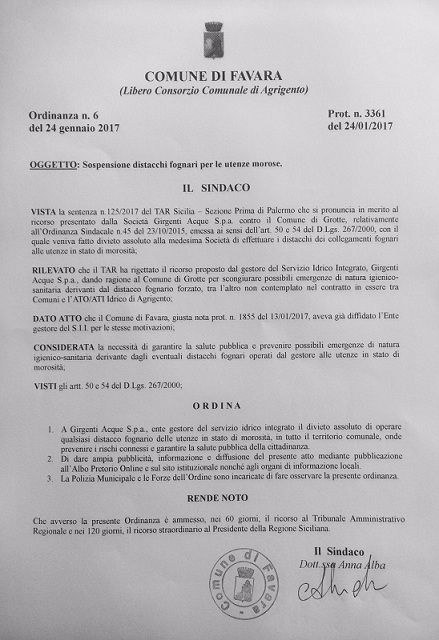 Favara. Dopo la diffida arriva l'ordinanza sindacale che vieta a Girgenti Acque di effettuare il distacco fognario alle utenze morose