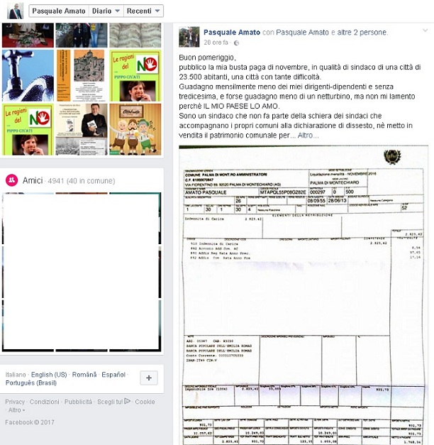 Il sindaco di Palma di Montechiaro Pasquale Amato pubblica la propria busta paga con un post su facebook