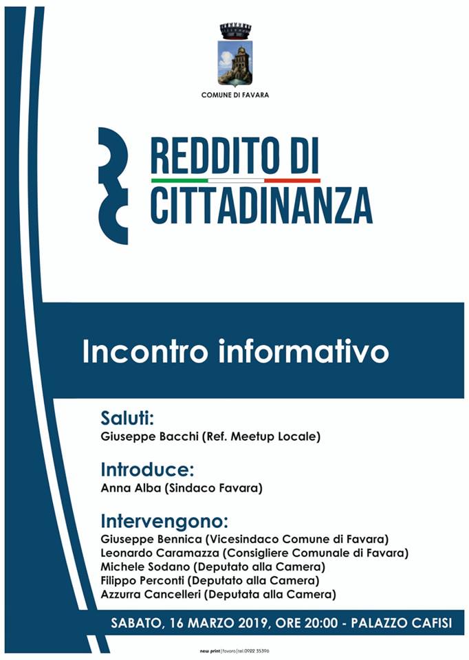 Incontro su Reddito di cittadinanza, sabato 16 marzo 2019