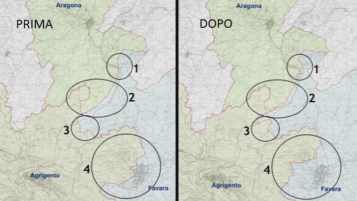 Grafica rettifica confini tra Favara, Aragona e Agrigento