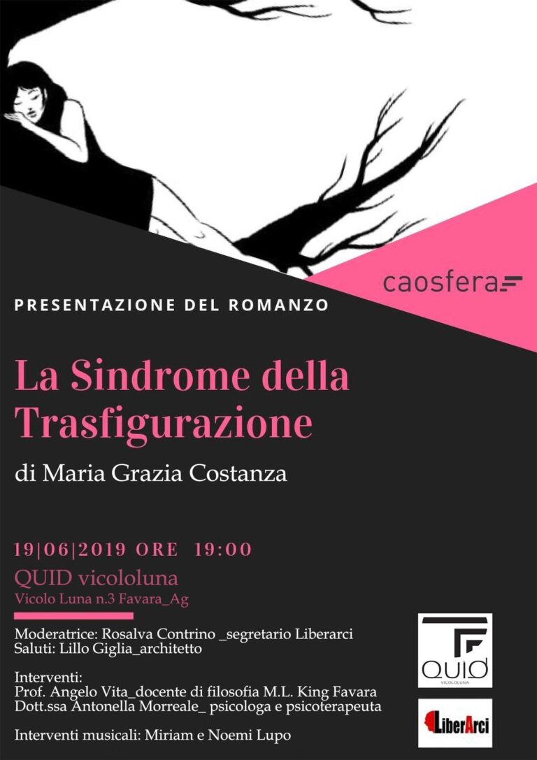Locandina presentazione romanzo La Sindrome della trasfigurazione