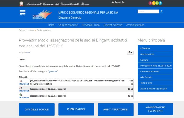 Provvedimento di assegnazione delle sedi ai dirigenti scolastici neo assunti sicilia 2019