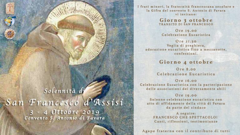 San Francesco d'Assisi programma Favara ottobre 2019