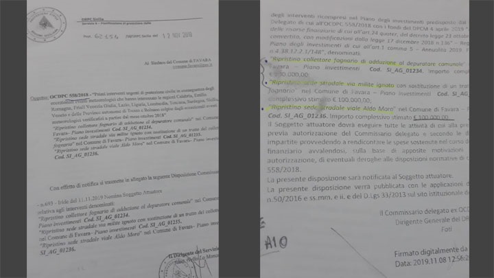 Lettera DRPC per soldi a Favara per calamita naturali novembre 2018