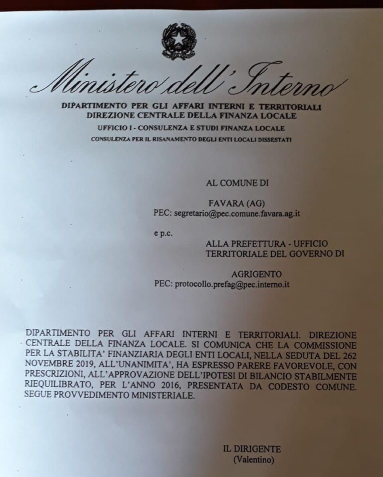 lettera OK al Bilancio 2016 comune di Favara