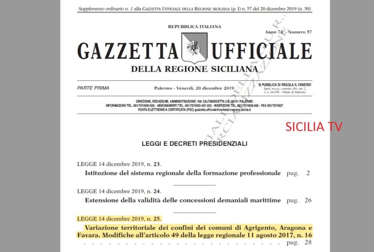 Gazzetta ufficiale 20-12-19 su ridefinizione confini territoriali tra comuni di Favara, Agrigento, Aragona