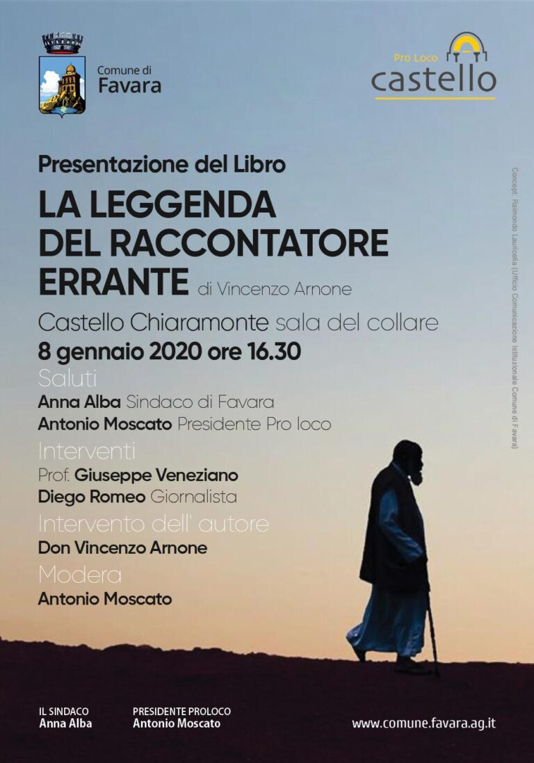 locandina presentazioen libro la leggenda del raccontatore errante di vincenzo arnone