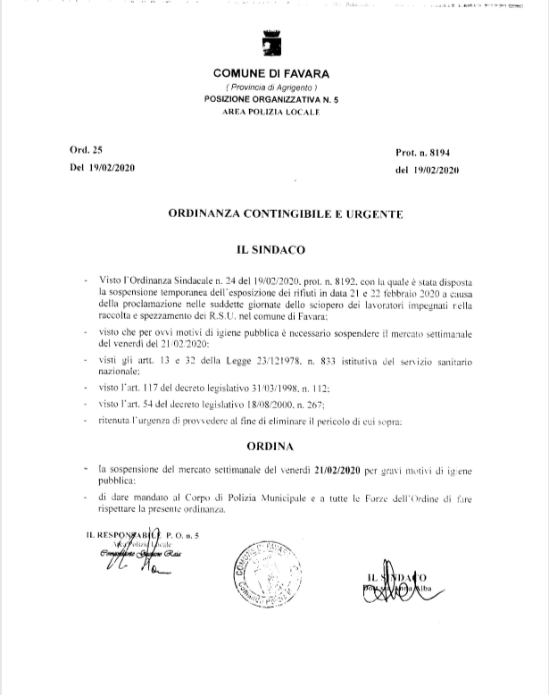 ordinanza chiusura mercato