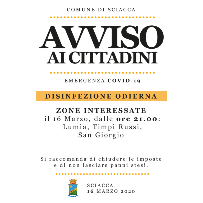 avviso disinfezione 16 marzo 2020
